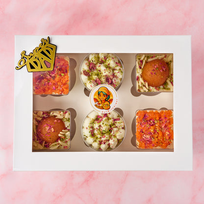 Father’s Day gift dessert cups – Indian fusion eggless assorted box with black and gold Super Dad charm, Sydney