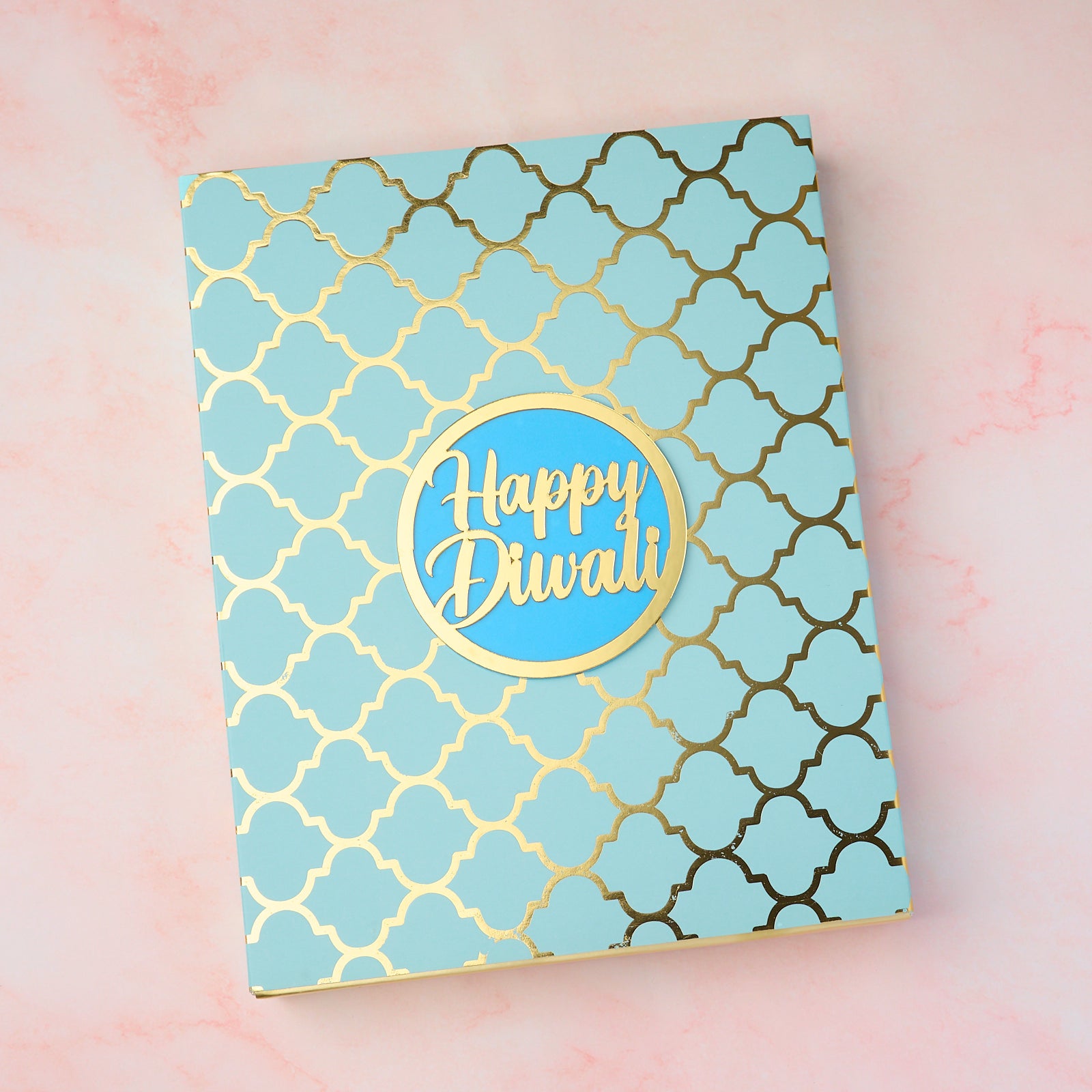 Baby blue Diwali gift box with gold foil – festive sweet box Australia