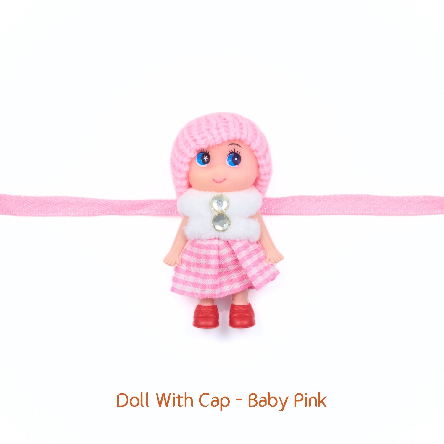 Doll Rakhi with soft wool cap and baby pink dress – elastic band – cute Rakhi gift for sister or niece