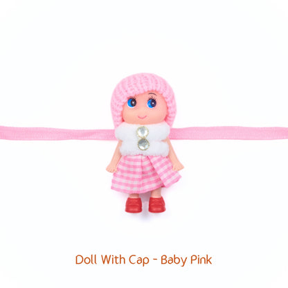 Doll Rakhi with soft wool cap and baby pink dress – elastic band – cute Rakhi gift for sister or niece