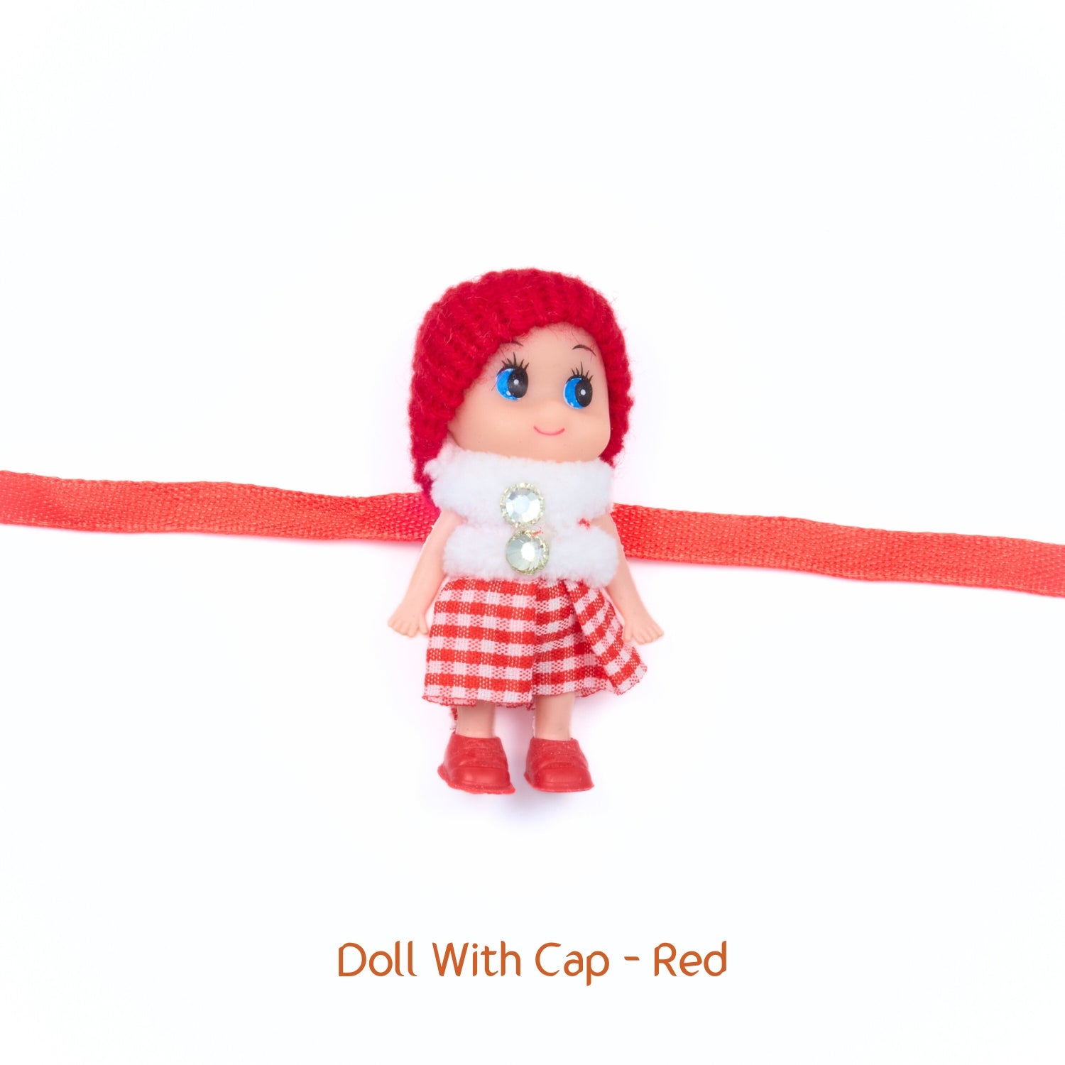 Red cap Doll Rakhi with gingham skirt and red elastic – Rakhi for girls with delivery from Sydney