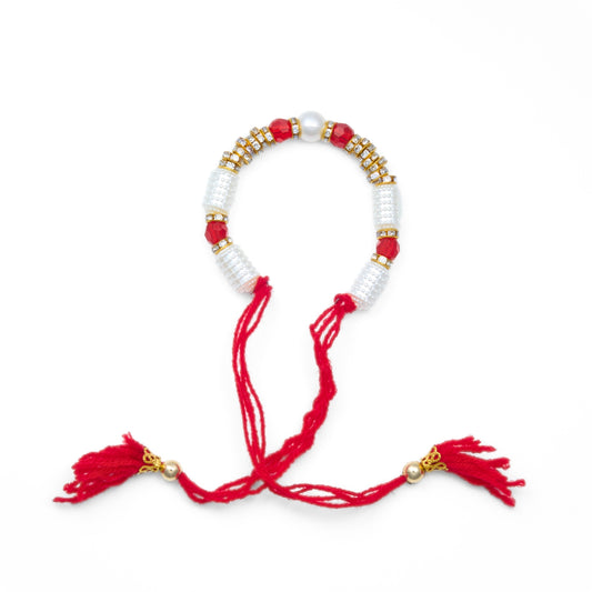 Kada Rakhi for Bhabhi with pearl beads and red thread – feminine rakhi bracelet