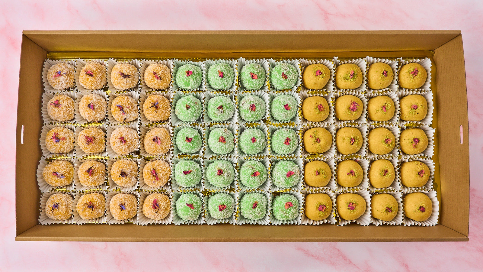 Indian sweets platter tray – 60 piece laddoo box with mango coconut, rose and besan – perfect for parties and events in Sydney Australia