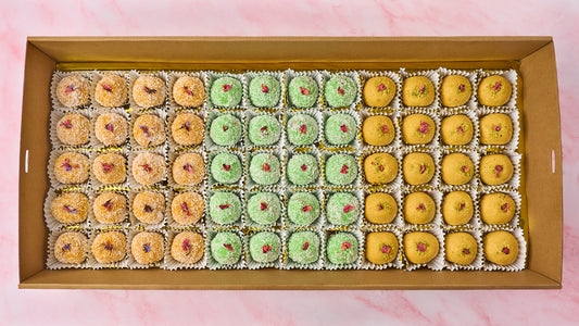 Indian sweets platter tray – 60 piece laddoo box with mango coconut, rose and besan – perfect for parties and events in Sydney Australia