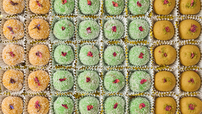 Premium Indian laddoo platter tray – coconut, gulkand nuts and besan laddoo in gift tray – order online Sydney