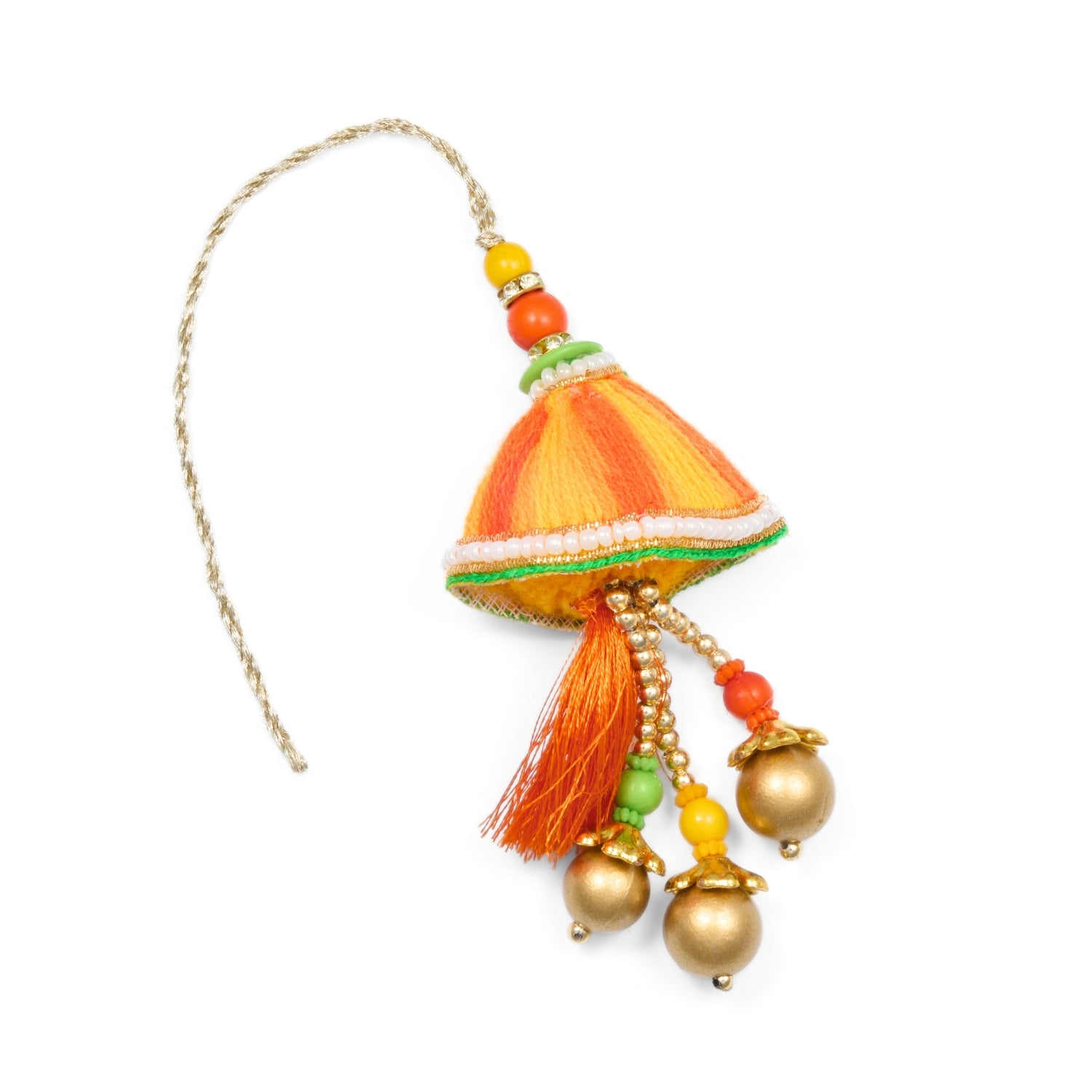 Lumba Rakhi for Bhabhi with yellow and orange tassel, beads and golden bell drops – perfect for Raksha Bandhan gifting.
