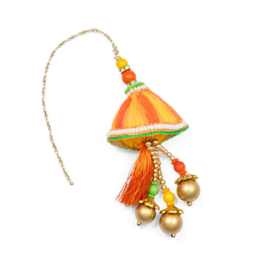 Lumba Rakhi for Bhabhi with yellow and orange tassel, beads and golden bell drops – perfect for Raksha Bandhan gifting.