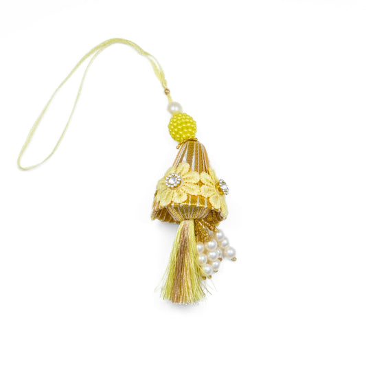 Rakhi for Bhabhi – Yellow with pearls, floral embroidery and tassels. Australia Wide Delivery