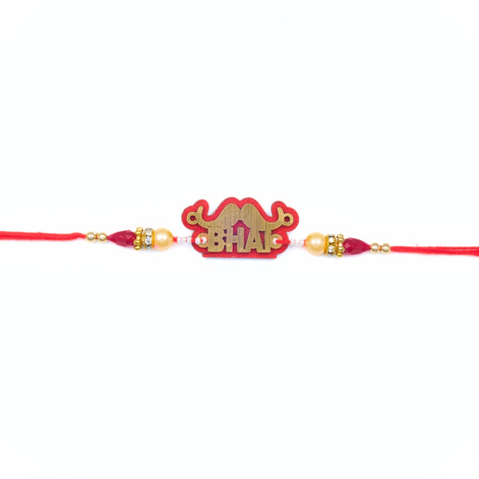 Moustache-themed Rakhi for Bhai with red thread and gold wooden centre – Rakhi for Bhai Australia