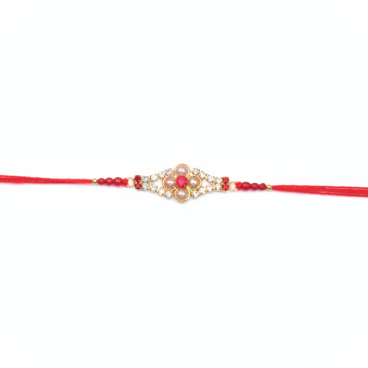 Red stone pearl Rakhi with floral centre and red thread – Send Rakhi to Australia