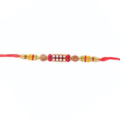 Swastika & Om Rakhi with multicoloured beads and red thread