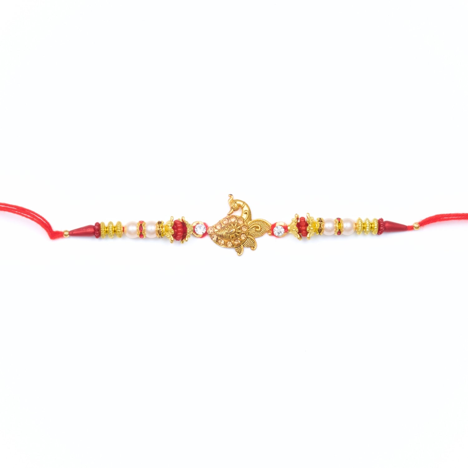 Peacock charm Rakhi with red and gold beadwork on red thread – Rakhi gift ideas for brother