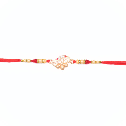 Floral paisley Rakhi with red thread and soft gold colour beads – Rakhi for younger brother
