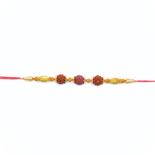 Rudraksha Rakhi with gold colour beads and red thread – Rakhi to Australia