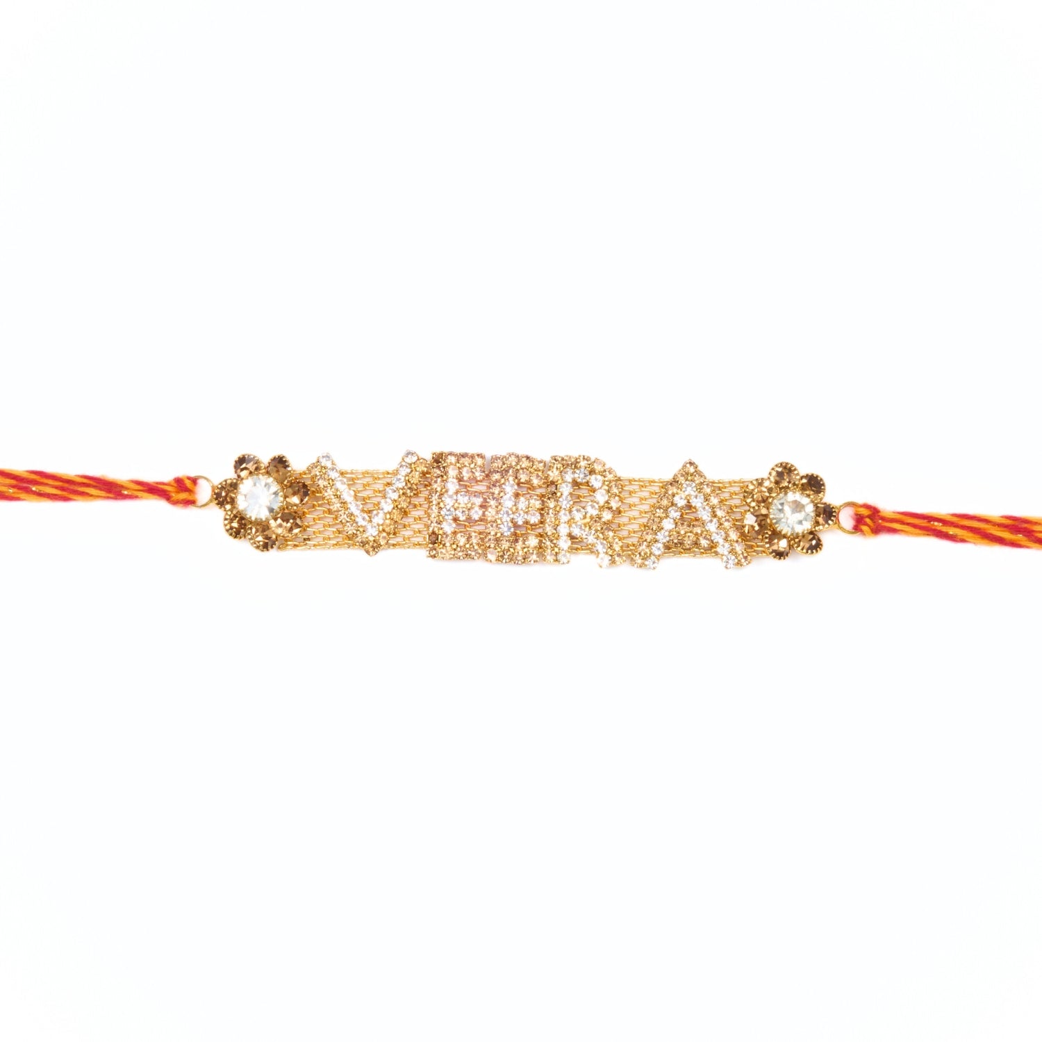 Veera Rakhri with gold finish and rhinestones on red-yellow thread – Rakhri for Brother