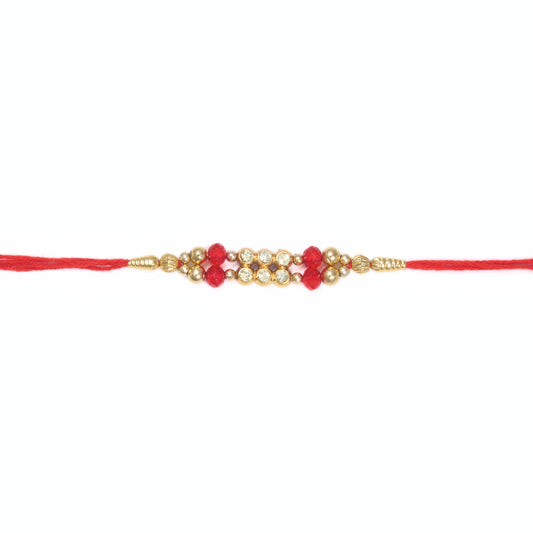 Red crystal Rakhi with pearl-style and gold beads on red thread – Rakhi delivery Australia