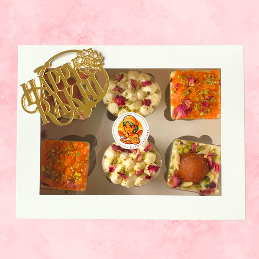 Assorted Rakhi Dessert Cup Box with six Indian fusion sweets and Happy Rakhi tag – EatWithSimer