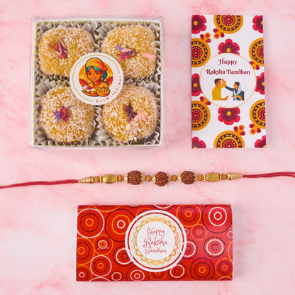 Rakhi gift pack with Rakhi, sweets, chocolate bar, Happy Rakhi card and roli chawal for Australia-wide Rakhi gifting