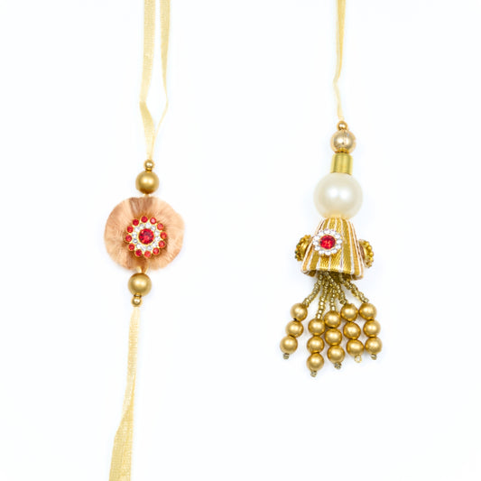 Cream and gold Bhaiya Bhabhi Rakhi set with pearls and beads – gift-ready Rakhi shipped from Sydney.