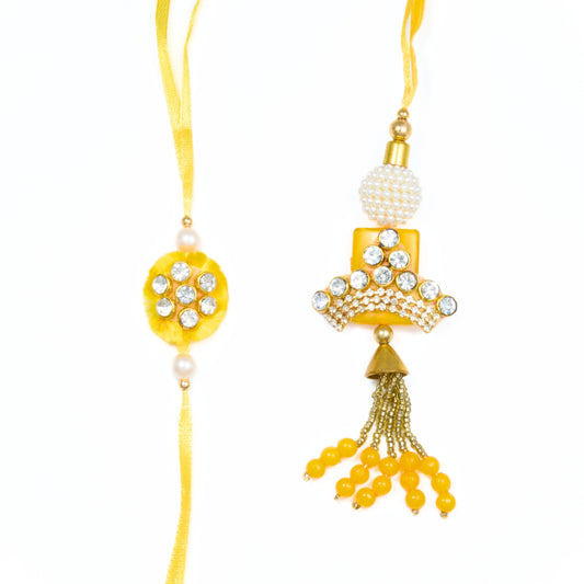Yellow and gold rakhi gift set for bhaiya bhabhi with stones and tassels – perfect for Raksha Bandhan.