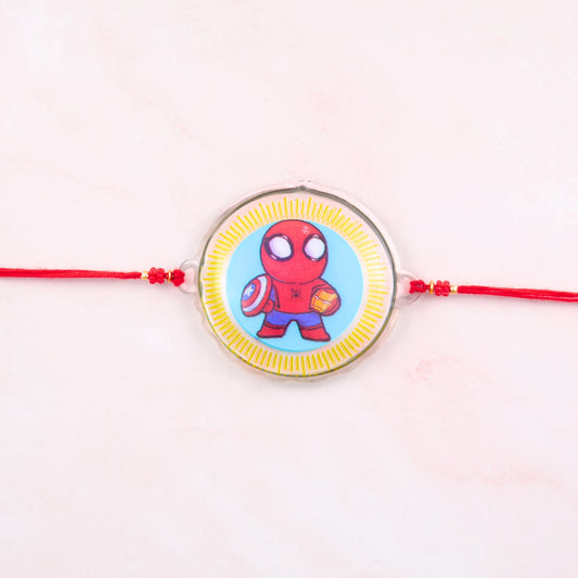 Spiderman rakhi with chibi cartoon design on red thread – ideal for little brother in Australia