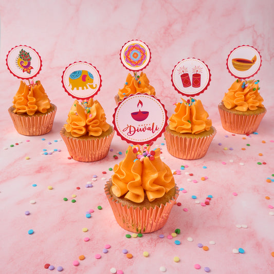 Eggless Diwali cupcakes gift box – decorated with traditional Indian festive toppers