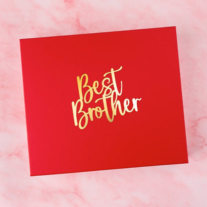 Red magnetic Rakhi gift box with gold Best Brother lid design