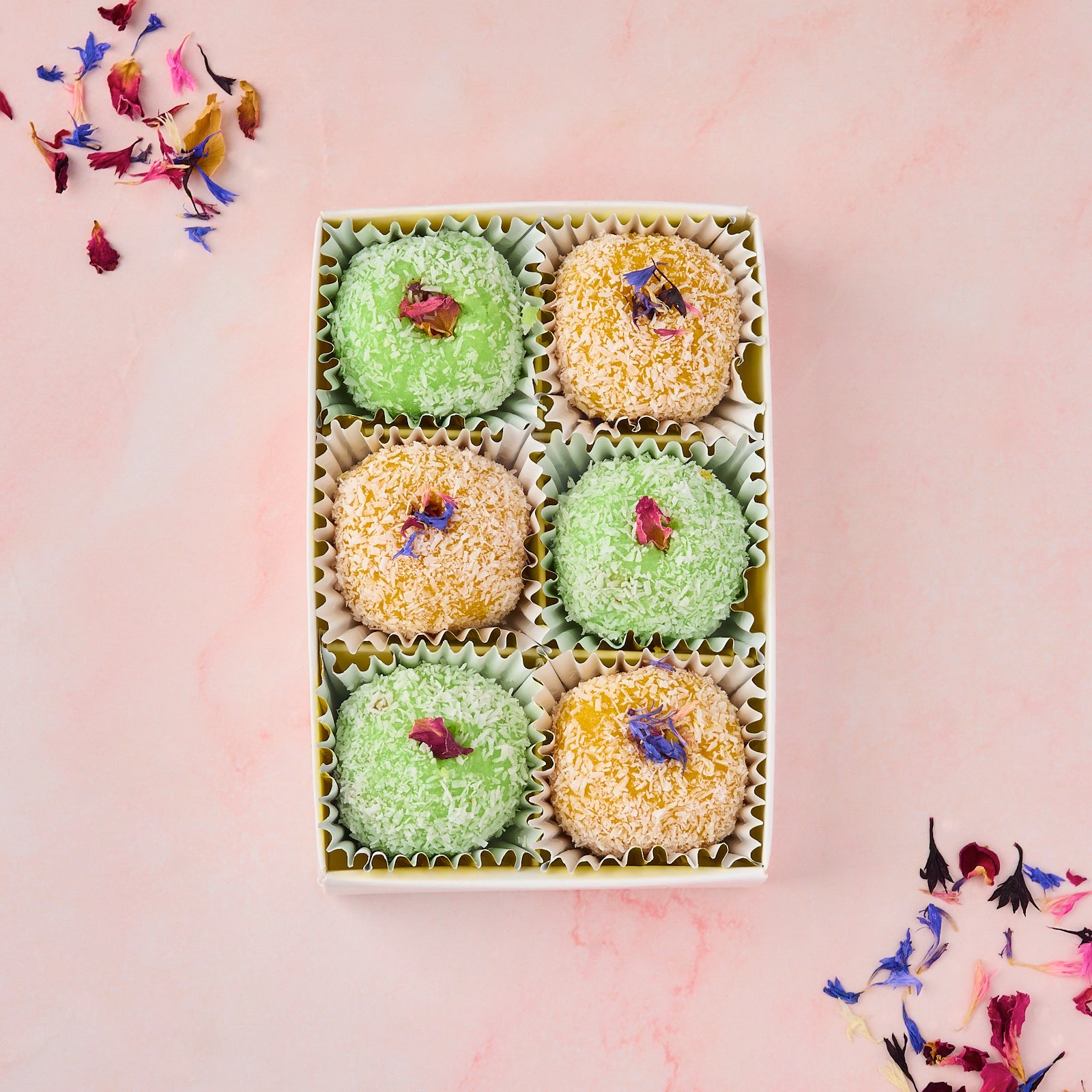 6 piece Assorted Coconut Laddoo Gift Box with Mango Coconut and Rose Gulkand flavours for sweet gifting in Australia