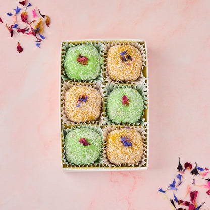 6 piece Assorted Coconut Laddoo Gift Box with Mango Coconut and Rose Gulkand flavours for sweet gifting in Australia