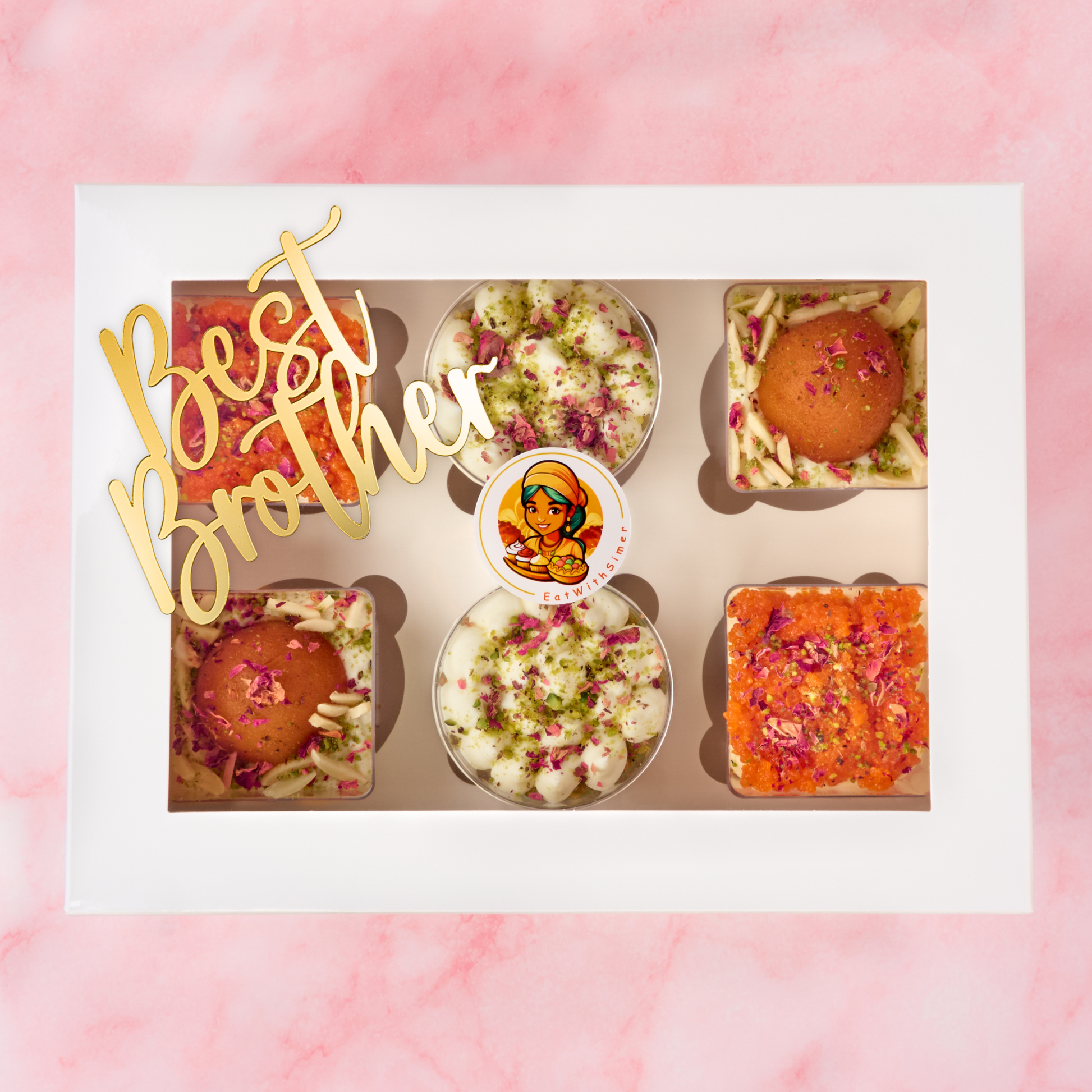 Assorted dessert cups gift box with gold-coloured Best Brother charm