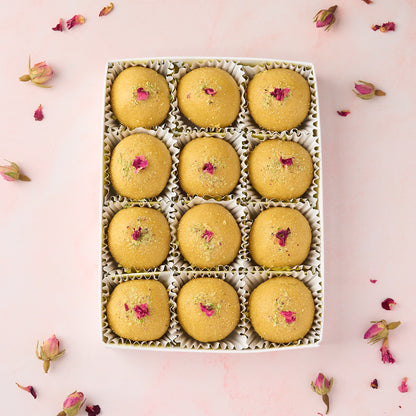 Besan Laddoo Gift Box 12 piece traditional Punjabi style laddoos with rose petal garnish in premium gift packaging Australia