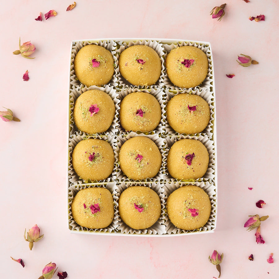 Besan Laddoo 12 piece gift box with laddoos presented in a gift box