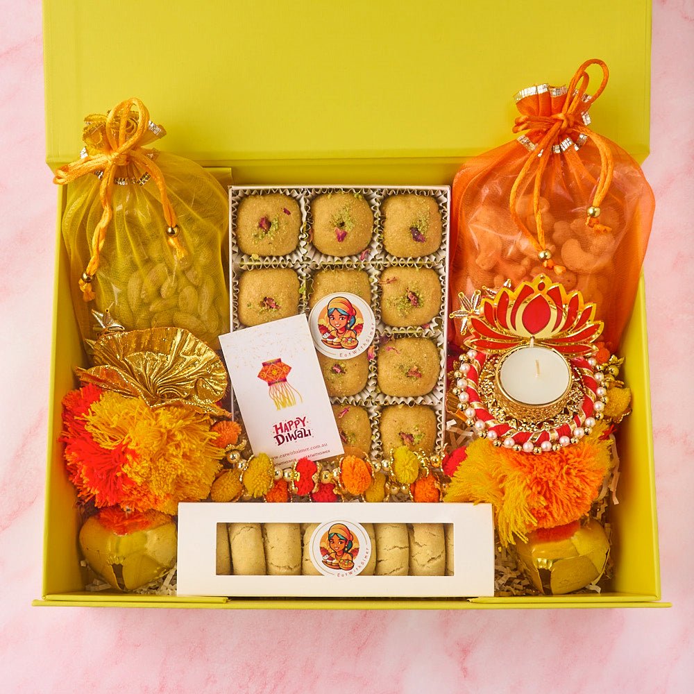 Blossom Bliss Diwali hamper with potli bags, Besan Laddoos, nankhatai, lotus diya and Diwali card