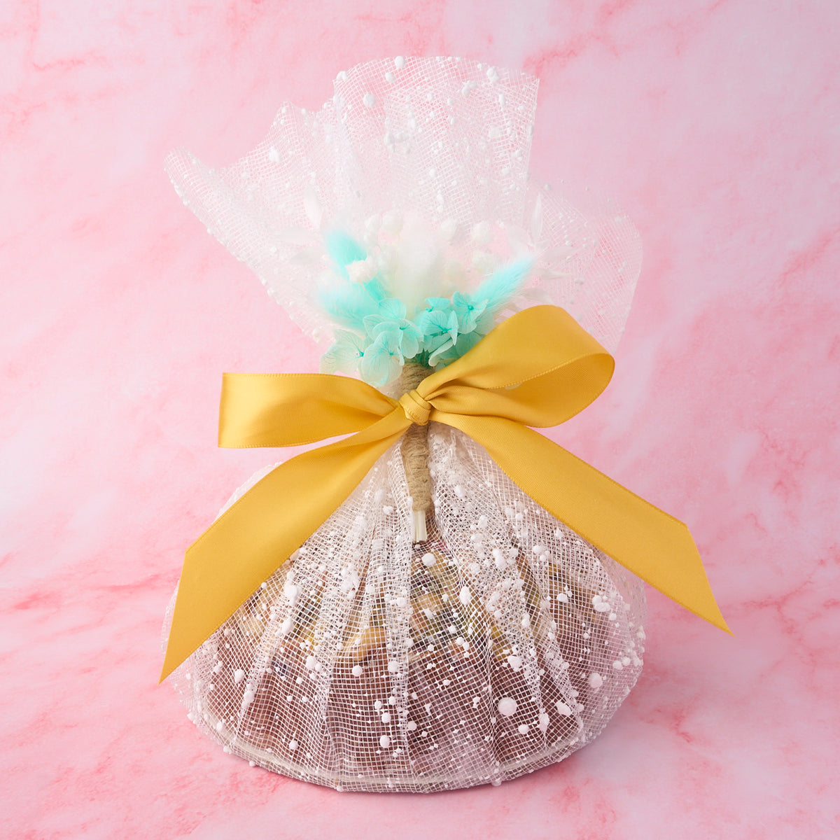 Net Wrap - Blue Flowers & Gold Ribbon