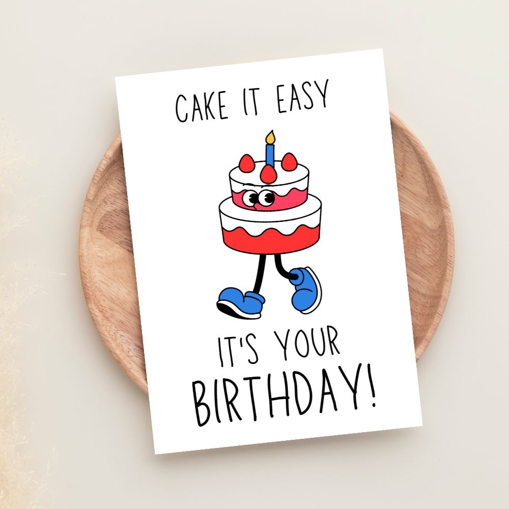 Funny birthday greeting card with cartoon cake illustration and playful message