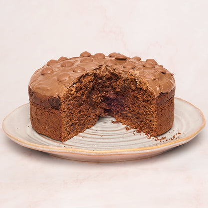 Slice of eggless chocolate cake showing slightly moist tea-cake texture