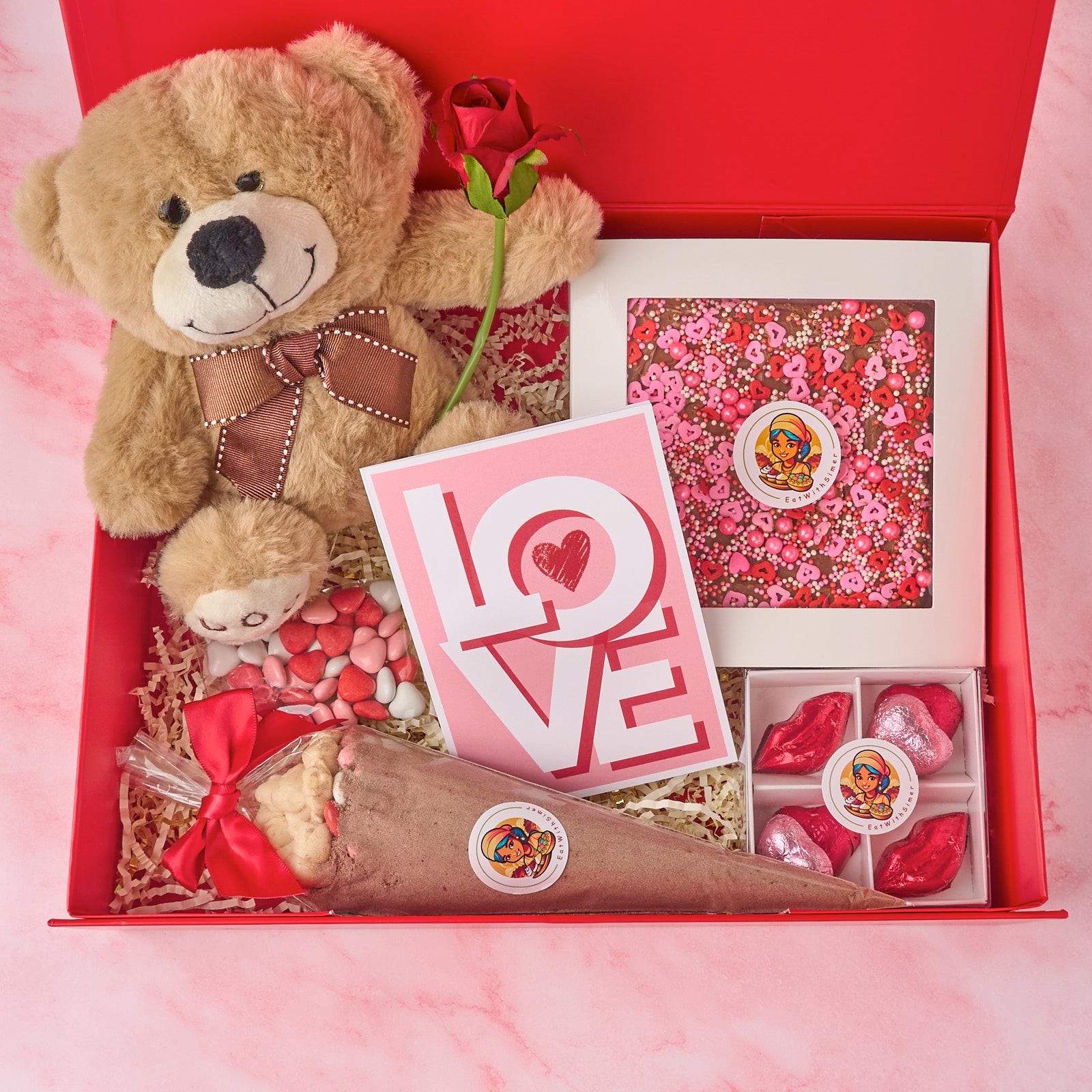 Romantic chocolate love hamper gift box with brownie slab, heart chocolates, teddy and greeting card, suitable for anniversaries and special occasions