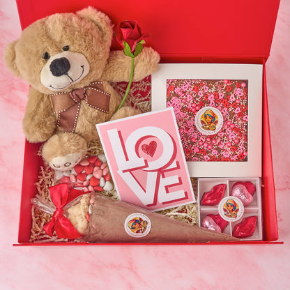 Romantic chocolate love hamper gift box with brownie slab, heart chocolates, teddy and greeting card, suitable for anniversaries and special occasions