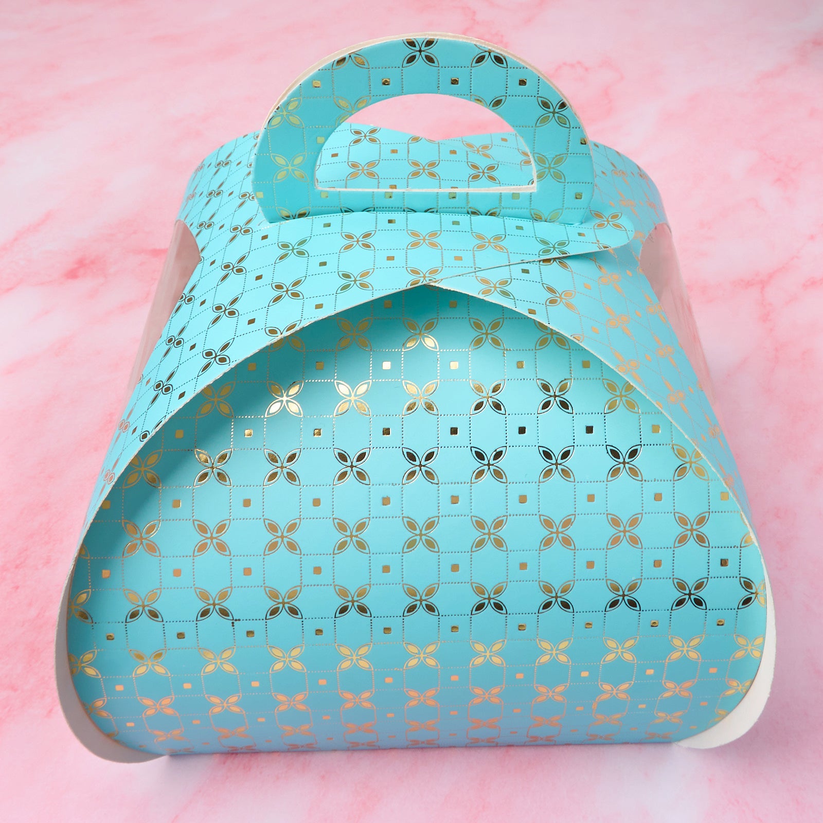 Blue clear window gift cake box with handle and patterned finish in Sydney