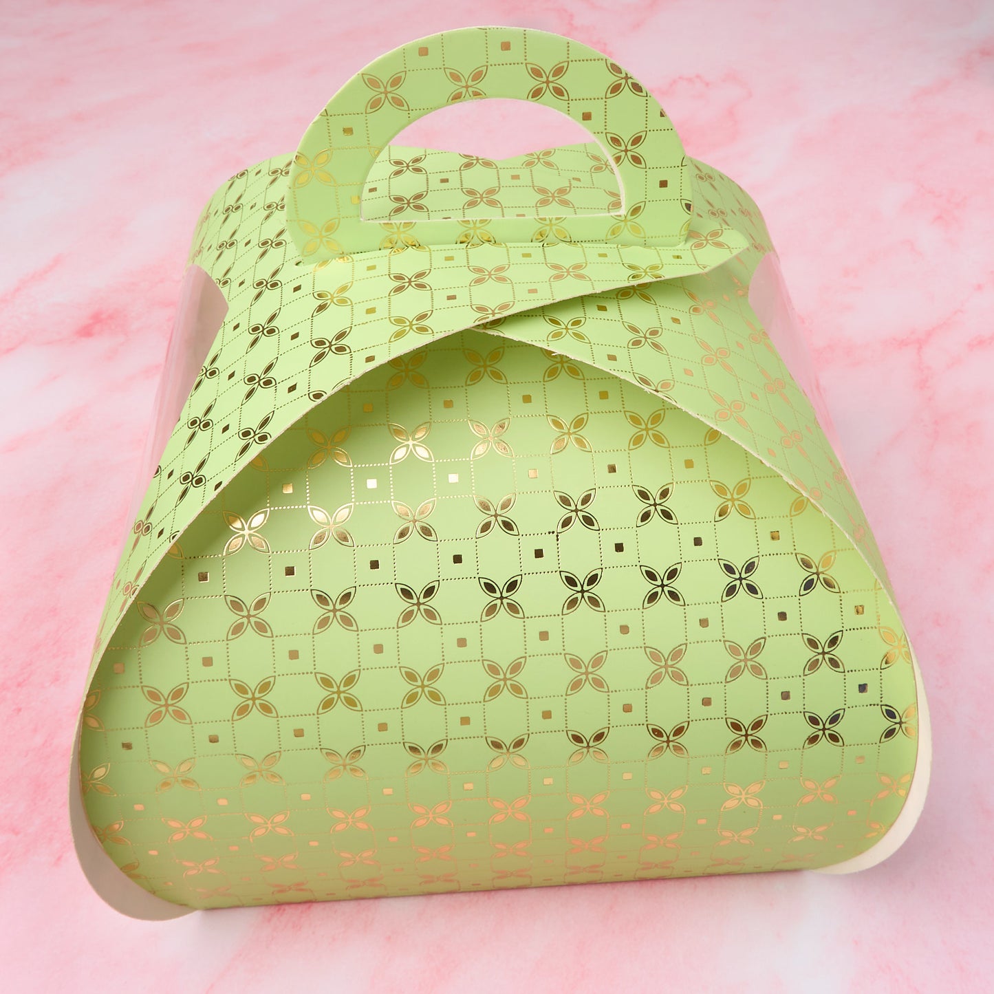 Green clear window gift cake box with handle and decorative pattern in Sydney