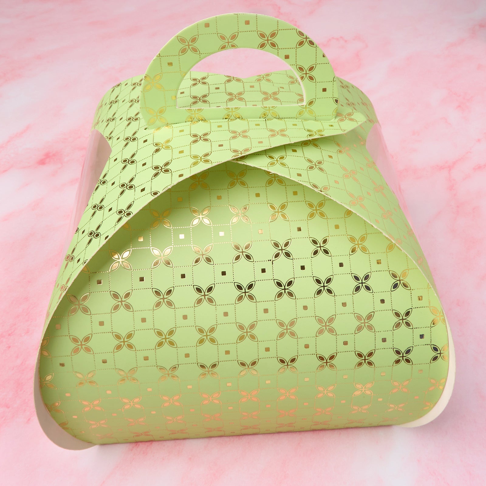 Green clear window gift cake box with handle and decorative pattern in Sydney
