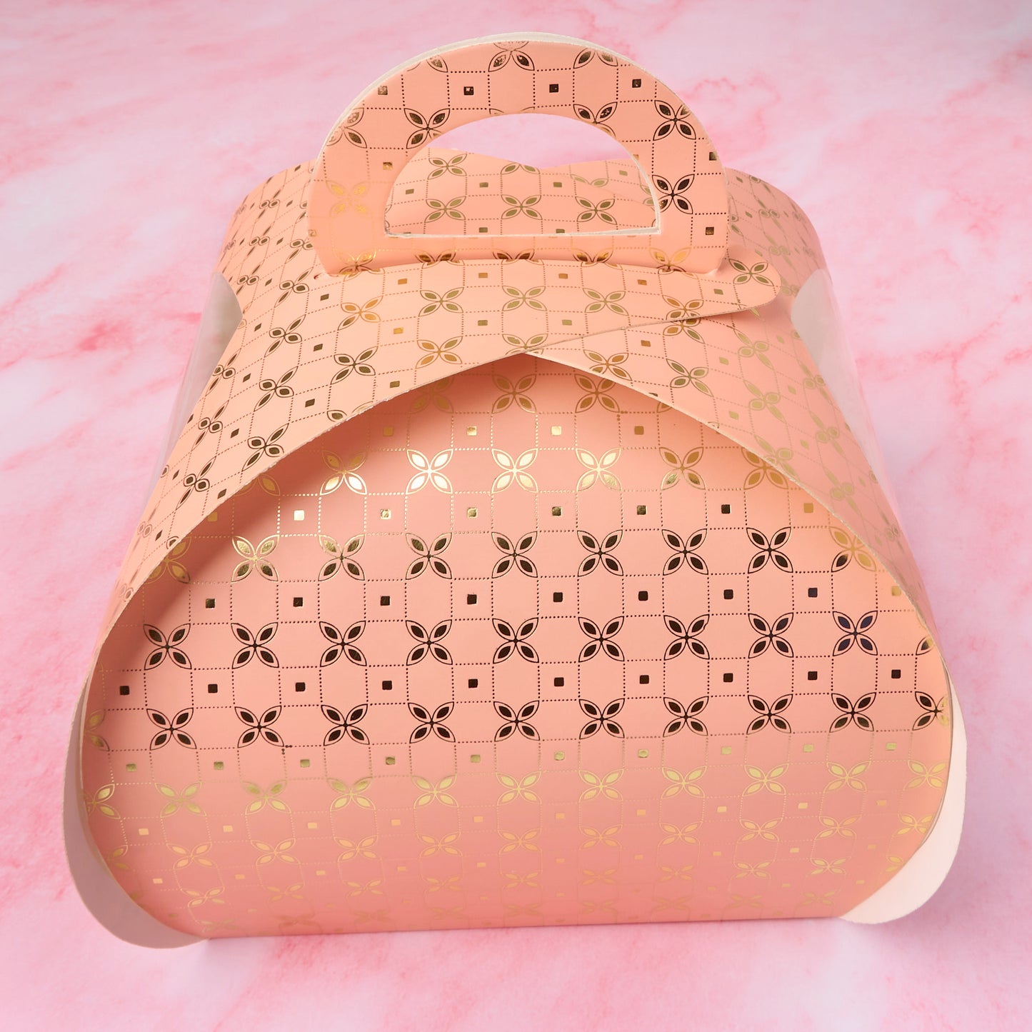 Peach colour clear window gift cake box with handle, front view Sydney