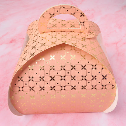 Peach colour clear window gift cake box with handle, front view Sydney