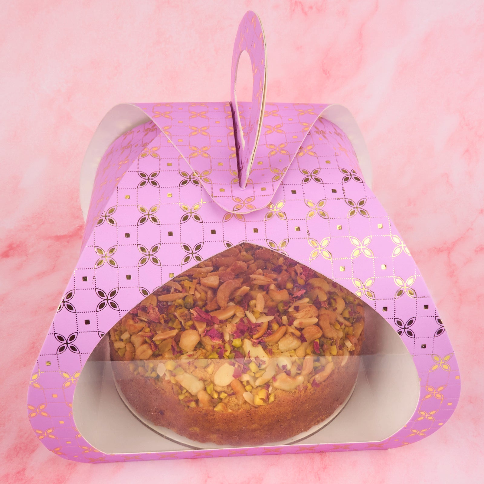 Purple clear window gift cake box with handle, showing a 6 inch cake inside