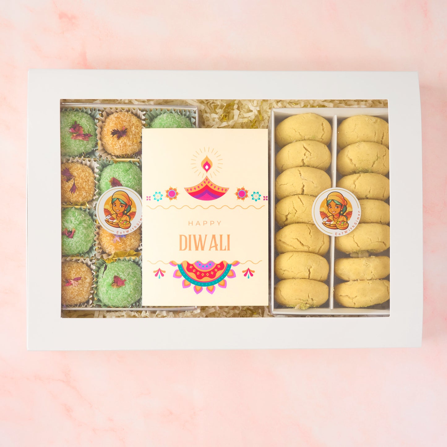 Diwali sweets and cookies gift box with laddoos, nankhatai and personalised Diwali card