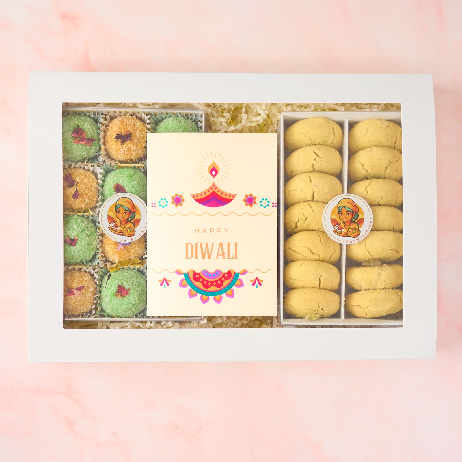 Diwali sweets and cookies gift box with laddoos, nankhatai and personalised Diwali card