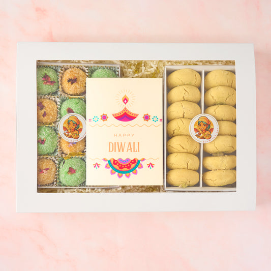 Diwali sweets and cookies gift box with laddoos, nankhatai and personalised Diwali card