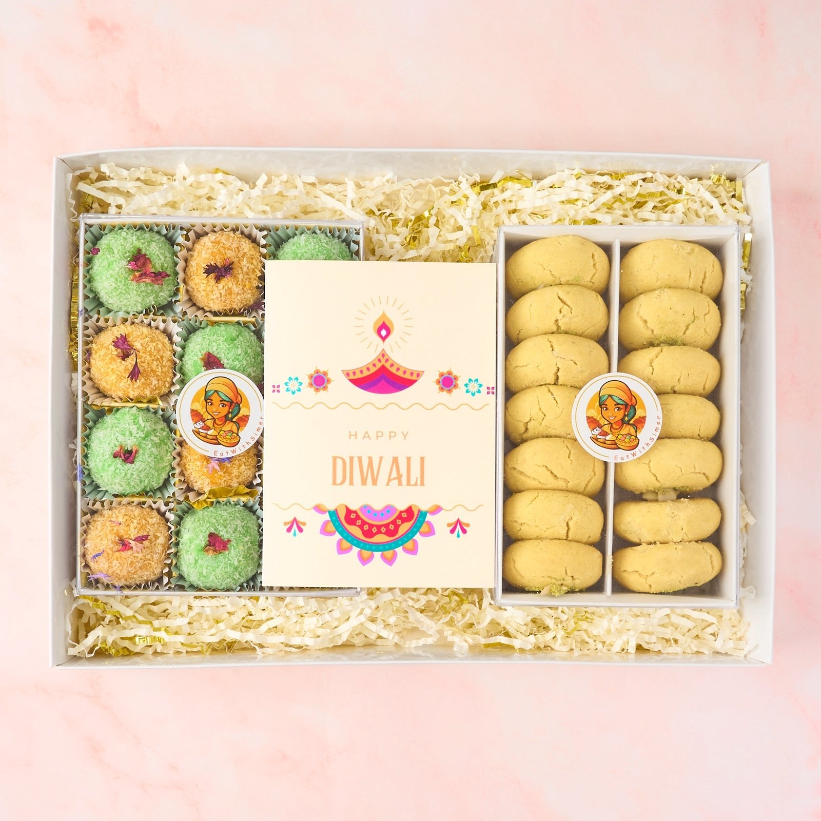 Diwali sweets and cookies gift box with 12-piece laddoo box, nankhatai biscuits and Diwali Greeting Card