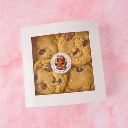 Eggless choco chip cookies in an 8 piece box with crisp edges and soft centre