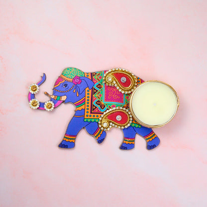 Colourful elephant tealight holder with gold accents and tealight candle